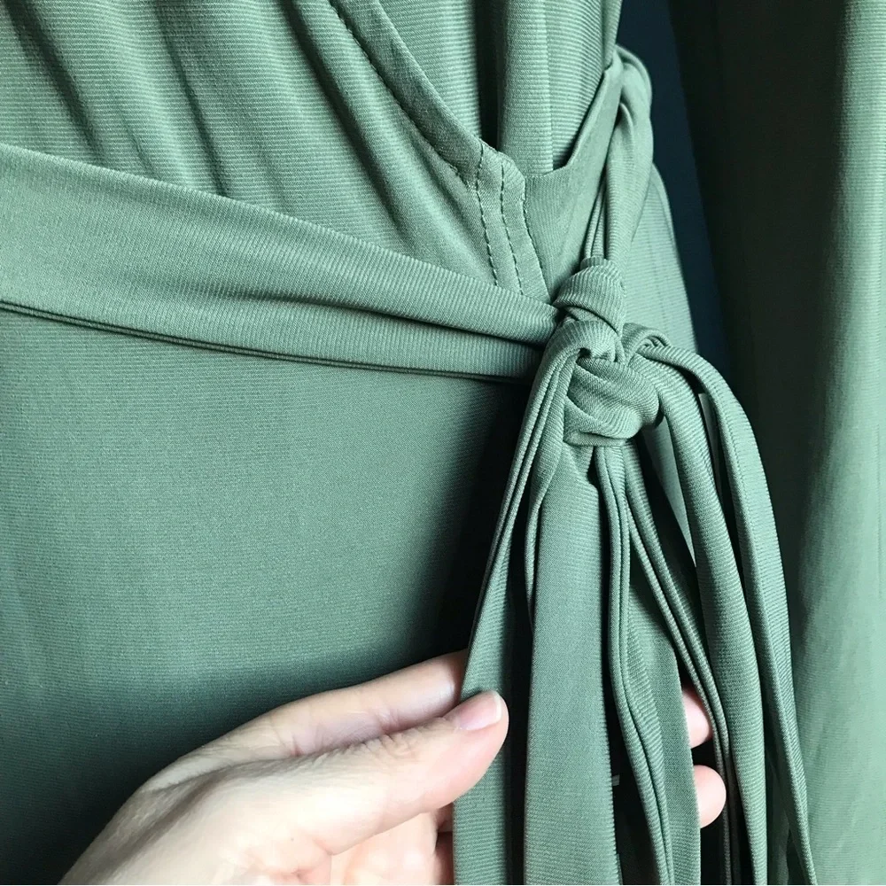 Shabby apple olive green long sleeves maxi wrap dress size 12 basic fall neutral - Picture 13 of 14
